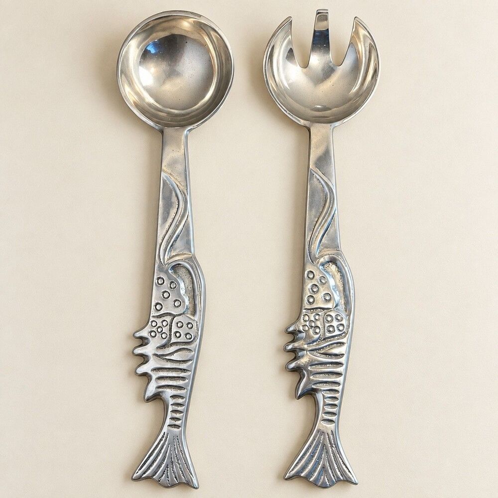 Fish Handle Salad Servers Spoon Fork Pair 14 Inch Silver Tone Coastal Made India